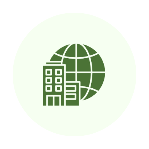 Building and globe icon on green background.