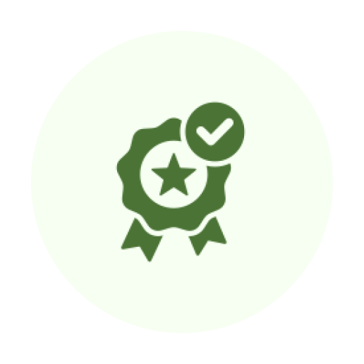 Green award badge with checkmark and star.
