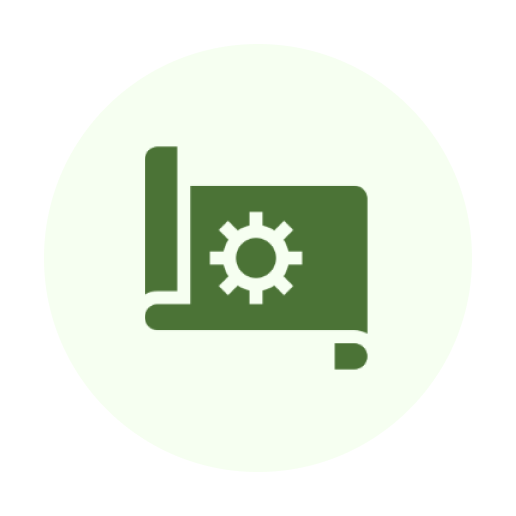 Green book with gear icon inside circle.